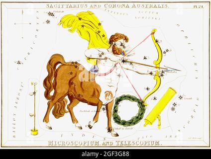 Cartes astronomiques/astrologiques anciennes de Sidney Hall - Sagitarrius Banque D'Images