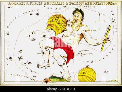 Cartes astronomiques/astrologiques anciennes de Sidney Hall - Verseau Banque D'Images