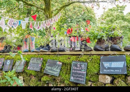 Plantes cultivées dans des bottes anciennes et créées par les membres de l'Institut des femmes d'orge dans le village d'orge, Forest of Bowland, Lancashire Banque D'Images