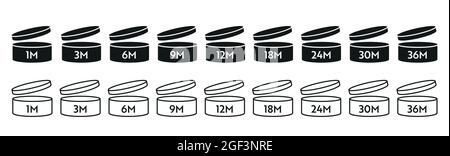 Jeu d'icônes de vecteur PAO foncé et clair. Période après l'ouverture des symboles. Boîte à bouchon ouvert avec période d'expiration en mois. Illustration de Vecteur