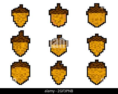 Jeu d'icônes Acorn isolé sur fond blanc, pixel Art. 8 bit icône d'corne en style rétro 2D, symbole de chêne. Design rétro pour l'impression, le papier d'emballage et Illustration de Vecteur