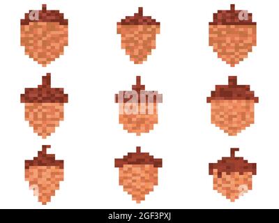 Jeu d'icônes Acorn isolé sur fond blanc, pixel Art. 8 bit icône d'corne en style rétro 2D, symbole de chêne. Design rétro pour l'impression, le papier d'emballage et Illustration de Vecteur