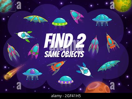 Jeux pour enfants avec des vaisseaux spatiaux et des fusées. Trouver deux mêmes navettes étrangères dans l'énigme du vecteur spatial avec les soucoupes d'ovnis dans la galaxie. Test éducatif logique des enfants Illustration de Vecteur