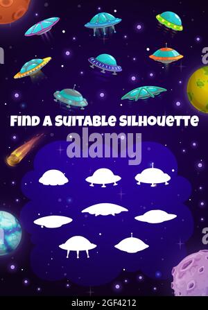 Jeu d'espace pour enfants avec silhouettes Rockets. Énigme vectorielle avec des vaisseaux spatiaux, labyrinthe d'ombres avec des fusées. Trouver l'éducation logique appropriée pour les enfants de navette Illustration de Vecteur