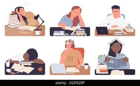 Les étudiants lassés étudient un ensemble d'illustrations vectorielles isolé. Caricature jeune femme épuisé homme étudiant personnages assis sur le bureau avec des livres tout en étudiant ennuyeux faisant des devoirs, frustré personnes travaillant Illustration de Vecteur