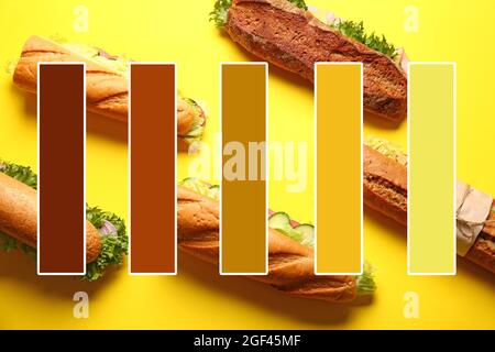 Délicieux sandwiches sur fond jaune. Différents motifs de couleur Banque D'Images