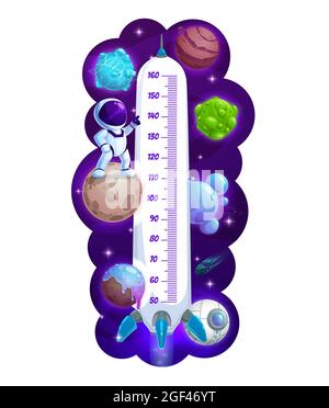 Tableau des hauteurs pour enfants avec fusées spatiales et astronautes cartographiques, compteur de croissance vectoriel. Tableau des hauteurs pour enfant ou balance de mesure pour bébé avec navette et s Illustration de Vecteur