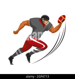 Joueur de course arrière, athlète américain de football en uniforme et casque courir avec le ballon. Caricature de joueur de ligue musculaire personnage en mouvement, champi Illustration de Vecteur