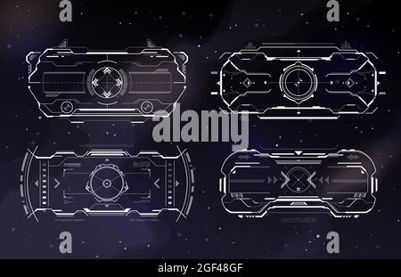 Interface de cadre de commande HUD AIM, écran cible futuriste, arrière-plan de tableau de bord vectoriel. Panneau de commande ou écran numérique du radar de visée HUD, gam Illustration de Vecteur