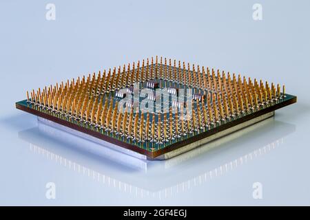 gros plan de l'unité centrale du processeur de l'ordinateur avec des broches dorées sur fond blanc avec réflexion Banque D'Images