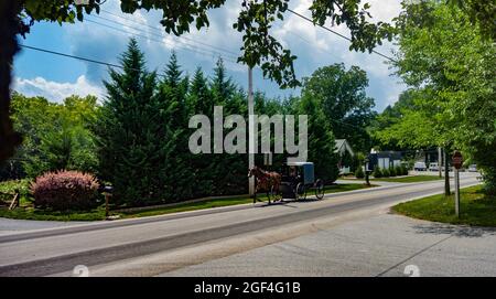 Amish Horse et Buggy voyageant le long d'une route résidentielle lors d'une journée nuageuse Banque D'Images