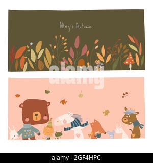 Dessins animés d'automne avec des animaux et des plantes Illustration de Vecteur