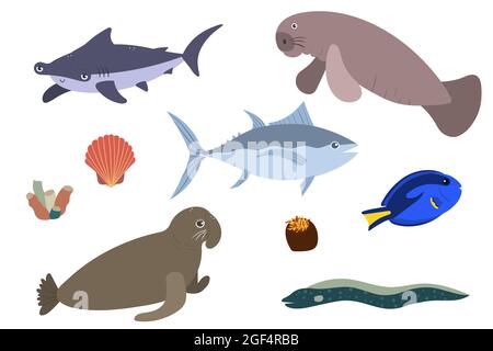Ensemble d'animaux de mer - requin-humérus thon éléphant de mer manateonfish. Imprimé habitants du monde sous-marin. Collection de vie sous-marine dessinées à la main. Drôle de dessin animé animaux marins personnage pour enfant. Illustration de Vecteur