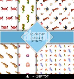 Avec six animaux de mer sans couture, avec hippocampe de crabe, étoile de mer d'omar, méduse.Imprimé habitants du monde sous-marin.La vie sous-marine dessinée à la main Illustration de Vecteur