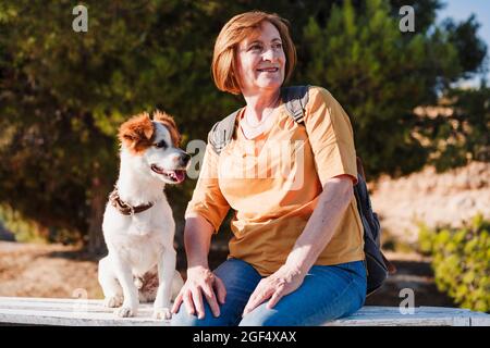 Femme âgée souriante qui regarde loin tout en étant assise avec un chien sur un banc Banque D'Images