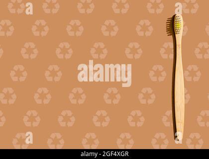 Photo de studio d'une brosse à dents en bois à motif marron avec symboles de recyclage Banque D'Images
