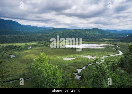 Vue sur la rivière Valin et la montagne Valin en été depuis le sentier de randonnée Mirador dans le parc national des Monts Valin, au Québec (Canada) Banque D'Images