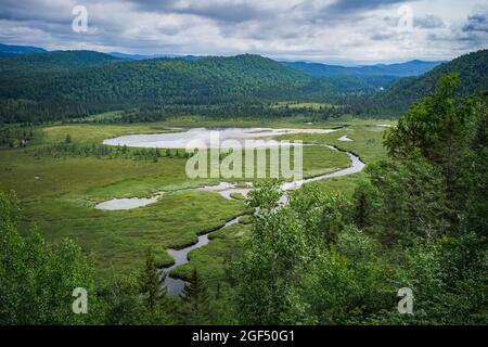 Vue sur la rivière Valin et la montagne Valin en été depuis le sentier de randonnée Mirador dans le parc national des Monts Valin, au Québec (Canada) Banque D'Images