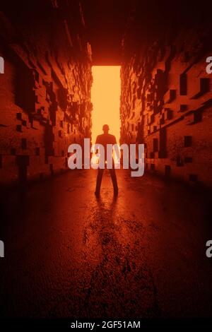 Rendu tridimensionnel de l'homme debout devant la porte illuminant au bout du couloir mystérieux Banque D'Images