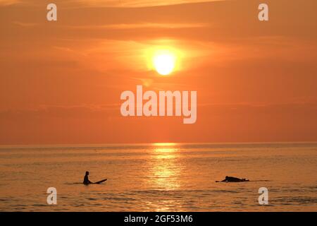 Gower, Swansea, Royaume-Uni. 23 août 2021. Météo au Royaume-Uni : les surfeurs attendent une vague sous le soleil couchant une belle soirée avec quelques nuages fins et un soleil brumeux à la plage de Llangennith sur la péninsule de Gower. Les perspectives pour la semaine à venir sont pour le même beau temps qui devrait être chaud parfois mais pas chaud. Crédit : Gareth Llewelyn/Alay Banque D'Images