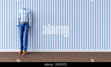 Rendu tridimensionnel d'une personne invisible penchée contre un mur rayé bleu Banque D'Images