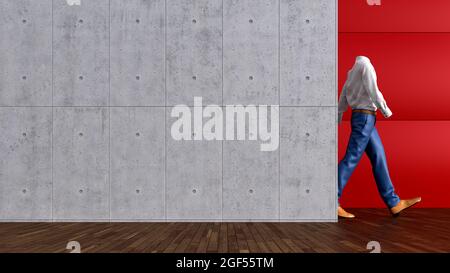 Rendu tridimensionnel d'une personne invisible passant devant un mur en béton Banque D'Images