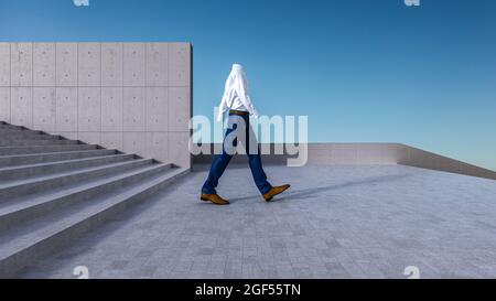 Rendu tridimensionnel d'une personne invisible marchant sur des marches en béton Banque D'Images