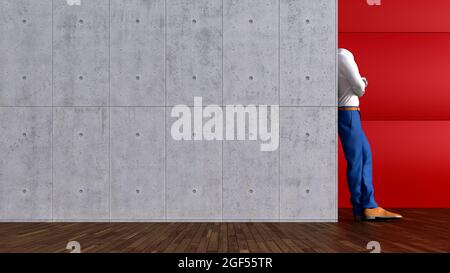 Rendu tridimensionnel d'une personne invisible penchée contre un mur en béton Banque D'Images