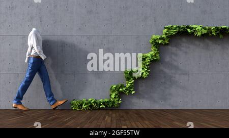 Rendu tridimensionnel d'une personne invisible marchant le long d'un mur de béton vers des marches de lierre Banque D'Images