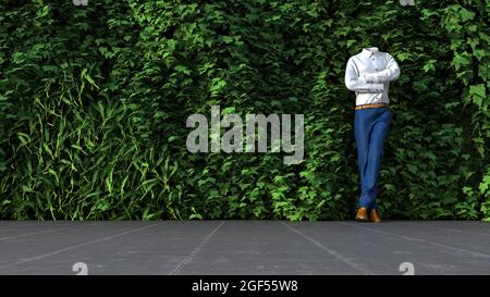 Rendu tridimensionnel d'une personne invisible penchée contre un mur vert surcultivé Banque D'Images