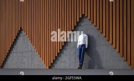 Rendu tridimensionnel de la personne invisible penchée contre le béton et le mur en bois Banque D'Images