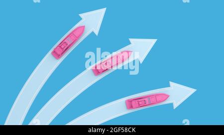 trois bateaux de mer sur la flèche vue de dessus. rendu 3d Banque D'Images