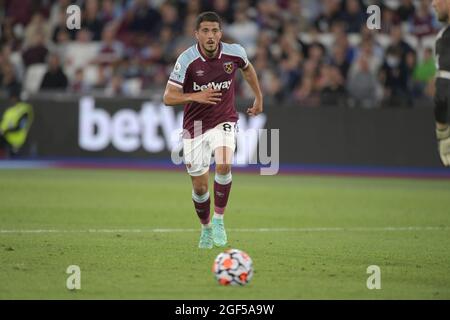Londres, Royaume-Uni. 23 août 2021. 23 août London Stadium, Stratford London. Pablo Fornals de West Ham Utd lors du match West Ham contre Leicester City Premier League au stade de Londres. 23 août London Stadium, Stratford London crédit: MARTIN DALTON/Alay Live News Banque D'Images