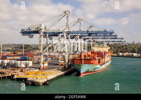 Le navire à conteneurs Oluf Maersk appartient à Maersk Lines qui décharte des conteneurs maritimes à Auckland, Nouvelle-Zélande Banque D'Images