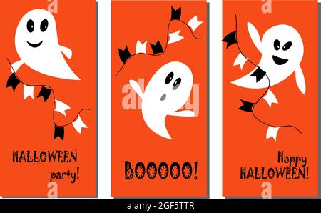 Ensemble de modèles de cartes postales avec fantômes amusants. Joyeux Halloween. Illustration vectorielle Illustration de Vecteur