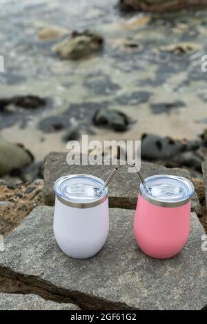 shakers de différentes couleurs sur des rochers avec le fond de l'océan, la mer Banque D'Images