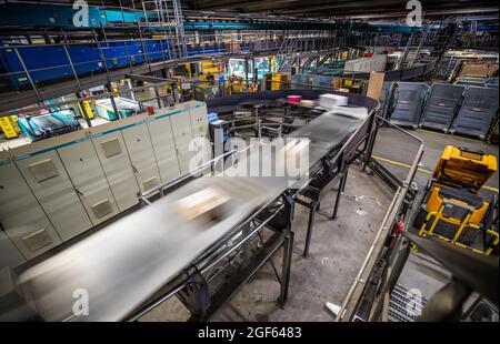 19 août 2021, Bade-Wurtemberg, Köngen : les colis sont transportés par le hall du centre de colis DHL à Köngen avec l'aide de courroies transporteuses. (À dpa: 'Grand volume de colis au centre de distribution DHL - Corona or Not') photo: Christoph Schmidt/dpa Banque D'Images