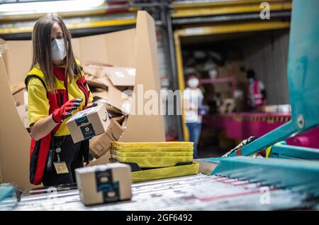 19 août 2021, Baden-Wuerttemberg, Köngen: Adriana TEC, répartiteur au centre de colis DHL à Köngen, place des colis sur une ligne de montage pendant son quart de nuit (à dpa: "Grand volume de colis au centre de distribution DHL - Corona or Not") photo: Christoph Schmidt/dpa Banque D'Images
