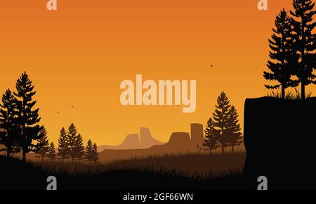 Vue fantastique sur les montagnes avec la silhouette de pins de la campagne au crépuscule dans l'après-midi. Illustration vectorielle d'une ville Illustration de Vecteur