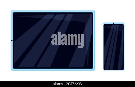 Appareils mobiles isolés sur fond blanc. Vue avant de l'appareil avec tablette et smartphone. Illustration vectorielle plate Illustration de Vecteur