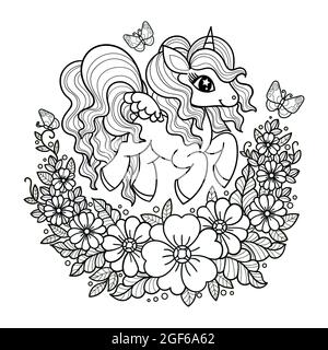 mignonne petite licorne parmi les fleurs et les papillons. Vecteur Illustration de Vecteur