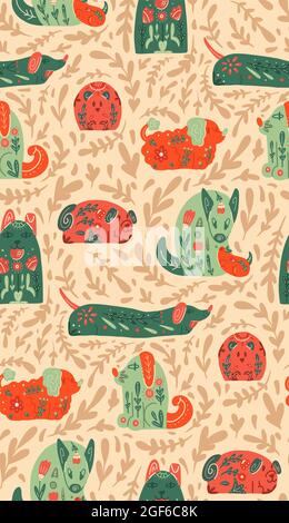 Motif sans couture, chiens stylisés, motifs folkloriques et décorations naturelles. Vecteur texture animaliste avec divers chiots avec un boho patte tribal Illustration de Vecteur