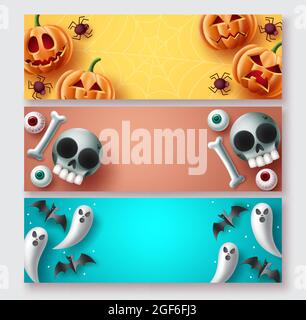 Ensemble de bandeaux pour Halloween à motif vectoriel. Collection d'arrière-plan Halloween avec éléments de personnages de mascotte mignons avec espace de copie pour le texte typographique. Vecteur Illustration de Vecteur
