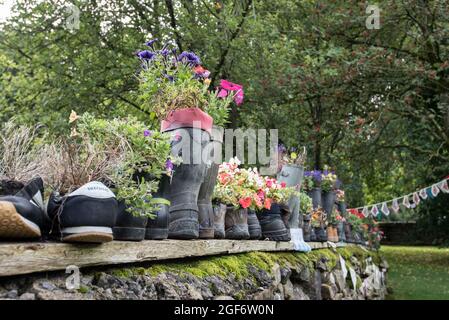 Plantes cultivées dans des bottes anciennes et créées par les membres de l'Institut des femmes d'orge dans le village d'orge, Forest of Bowland, Lancashire Banque D'Images