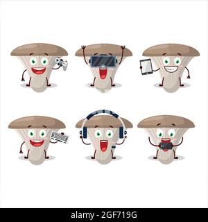 Le personnage de dessin animé de champignons d'huître joue à des jeux avec diverses émoticônes mignons. Illustration vectorielle Illustration de Vecteur