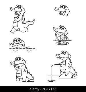 Crocodile Alligator drôle personnage mignon dessin animé Mascot Vector Line Illustration de Vecteur