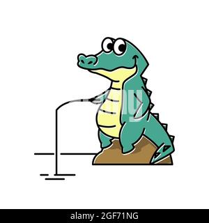 Smiling Crocodile Alligator Fishing drôle de personnage mignon Cartoon Mascot Illustration de Vecteur