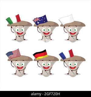 Le personnage de dessin animé de champignons d'huîtres apporte les drapeaux de divers pays. Illustration vectorielle Illustration de Vecteur