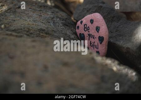 Jardin peint à la main de la roche de lecture “être-vous-tiful" Banque D'Images