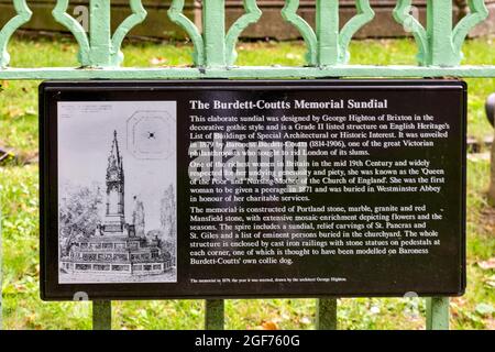 LONDON SOMERS TOWN SAINT PANCRAS OLD CHURCH PANNEAU D'INFORMATION POUR BURDETT-COUTTS MEMORIAL SUNDIAL Banque D'Images